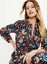 Loft Women's S Shimmer Paisley Tiered Boho Midi Dress Long Sleeve Multicolor