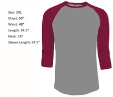 3/4 Sleeve Plain T-Shirt Baseball Raglan Jersey Sports Men's Tee Gray Red 2XL