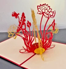 3 D Pop-Up  Greeting Card Handcrafted Flower Bouquet Plant Birthday Red /Yellow