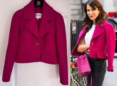 CHANEL $4250 18B RASPBERRY PINK ECRU CC BUTTON WOOL TWEED JACKET