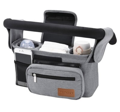 NWT Momcozy Universal Stroller Organizer w/Insulated Cup Holder Phone Bag Gray
