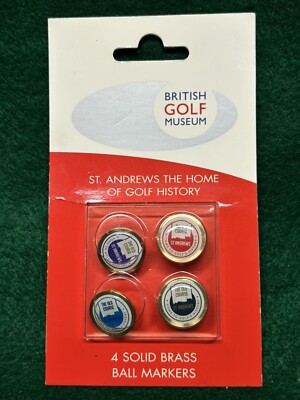 NEW - 4 SOLID BRASS BALL MARKERS FROM THE BRITISH GOLF MUSEUM ST. ANDREWS
