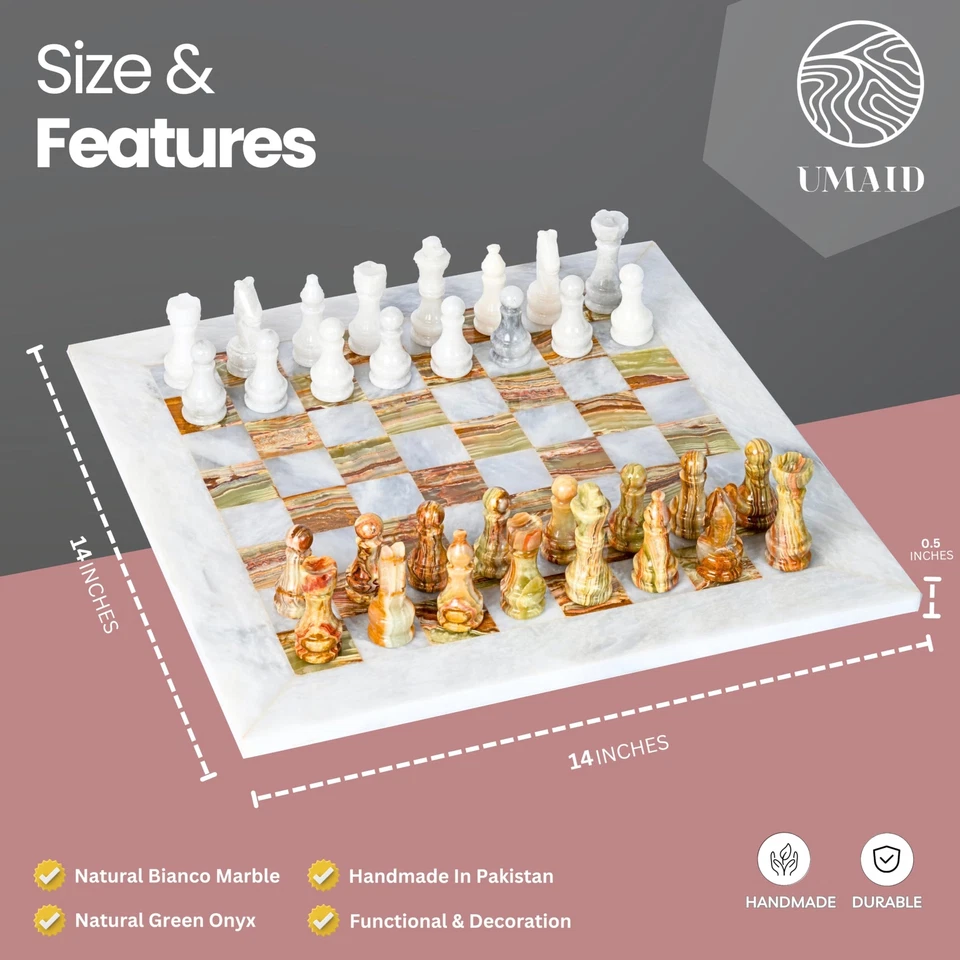 Juego de ajedrez UMAID hecho a mano de ónix verde 14" mármol premium + caja de regalo de terciopelo Foto 2 de 4
