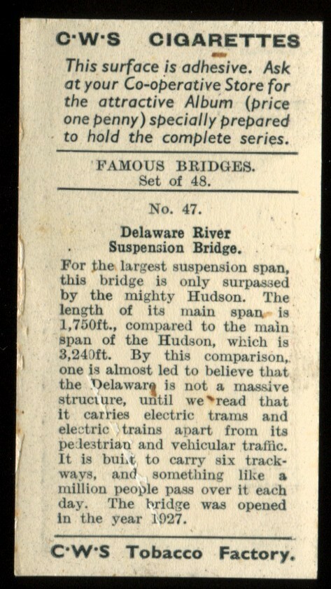 co-op tobacco prices Tobacco Card, CWS, FAMOUS BRIDGES, 1937, Delaware River Suspension Bridge,  #47