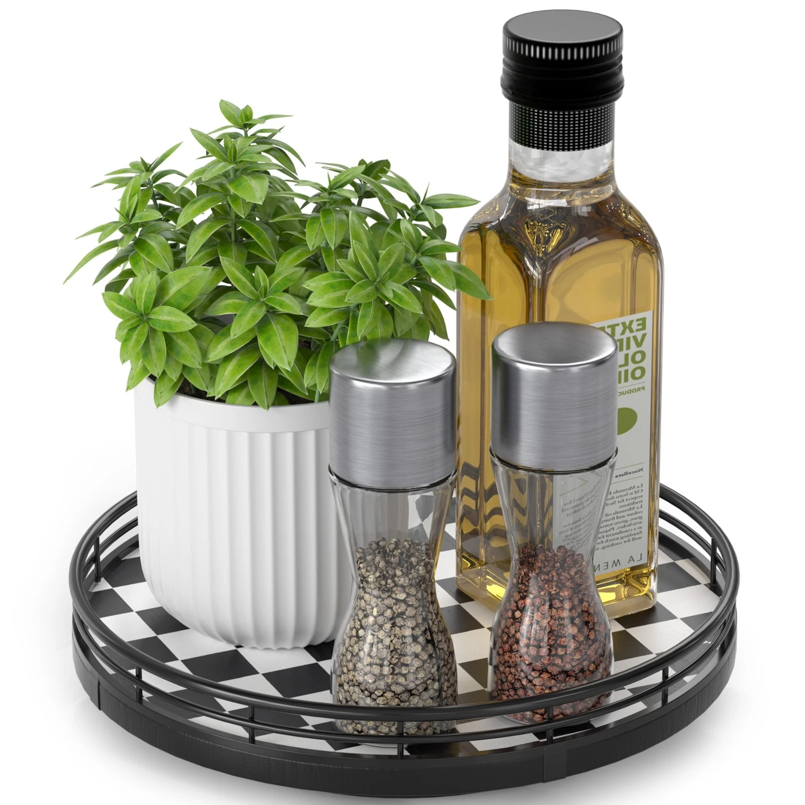 Black and White Kitchen Lazy Susan Turntable – Checkered Round Decorative Tra...