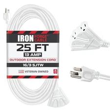 25 Ft Outdoor Extension Cord with 3 Electrical Power Outlets Durable White Cable