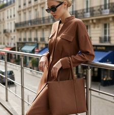 ZARA 🤍 KLEID HEMDBLUSENKLEID MIDIKLEID MINIMALISTISCH BRUSTTASCHEN BRAUN S