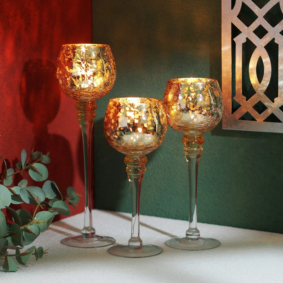 Set of 3 Crackle Gold Glass Tealight Holders 9 Inches 10 Inches and 12 Inches... - Image 4 of 4