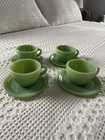 Set Four (4) Fire-King Jadeite Restaurant Ware Heavy Cups Saucers, Clean Bright
