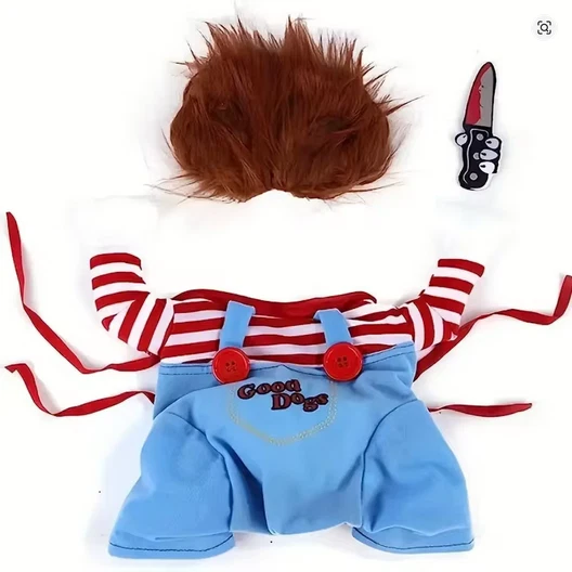 Disfraz para mascota perro gato Chucky juego infantil cuchillo-empuñando película de terror Foto 3 de 4