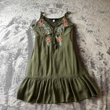 Francesa's Dress Womens Small Green Embroidered Sun Dress Tiered Boho Cowgitl