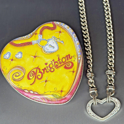 Brighton Silver Tone Chunky Chain Pave Crystal Open Heart Statement Necklace