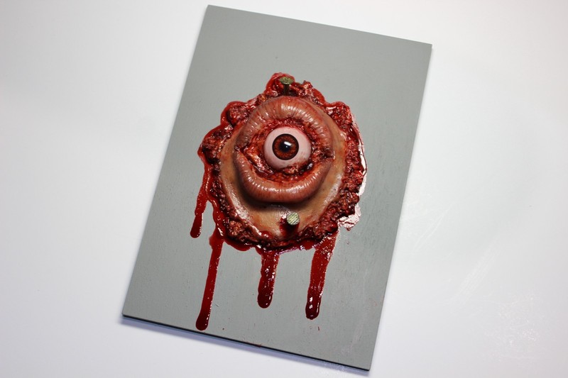 ADULT MOUTH STUFFED WITH AN EYEBALL ON WOODEN PLAQUE HORROR HALLOWEEN PROP