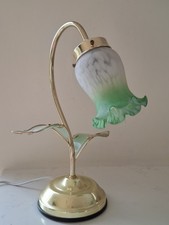 Tulip Touch Table Lamp Gold Tone With Green Glass Shade & Leaves