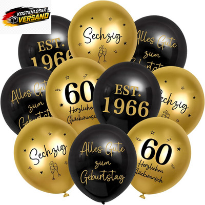 Geburtstagsdeko Luftballons 24er Set Schwarz Gold mit Bändern und Muster für 60.