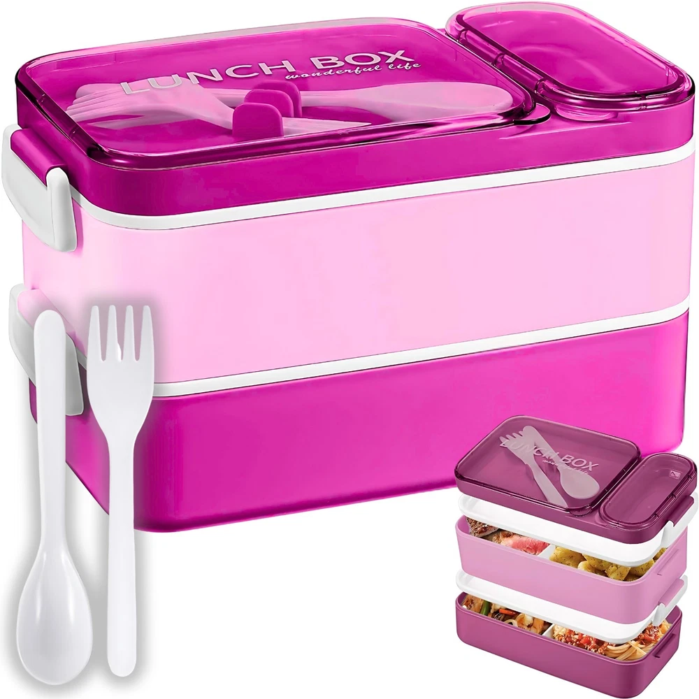 Bento Box Layered Lunch Box Adults 3 Layer 900ml - 1600ml Spoon Fork Womens Mens