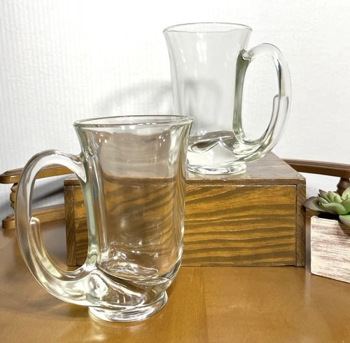 Vintage 70s Tiara Clear Hunter Horn Glass 12 oz Mugs Tankard Set of 2