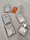 Lot of (5) NGC MS69 American Silver Eagles + 1g Gold Valcambi + (3) Gold Grams