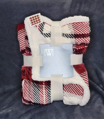 Woven Sherpa Throw Blanket Plaid Red White Black 50 x 60 in Polyester Fleece
