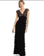 NWT ADRIANNA PAPELL Black Lace Shutter Tiered Ruffle V-Neck Formal Gown Dress 4