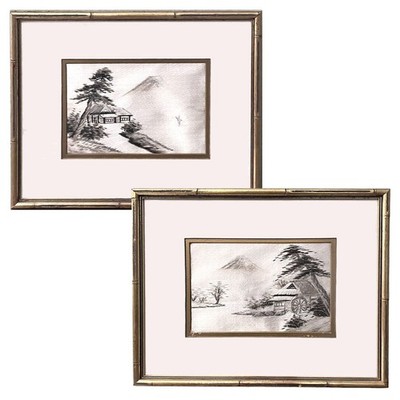 Japanese Mt Fuji Scene Torii Silk Embroidery Custom Framed Art Set of 2