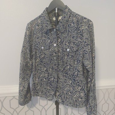 Bamboo Traders Womans SZ S Blue Silver Paisley Tapestry Jacqured Jacket 2 Pocket