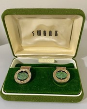 Vintage Swank Cuff Links In Box Green Stone Gold Mesh