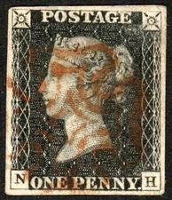 SG2 1840 1d black, Plate 5, NH, 4 margins, light red Maltese Cross