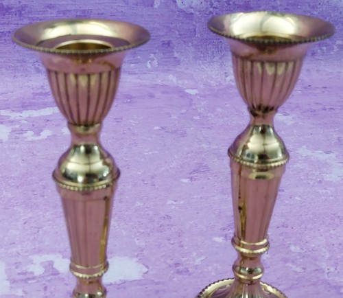 Brass Candlesticks Candle Holders Shiny Ribbed Beaded Vintage 6.25 Inches Tall - Picture 6 of 7