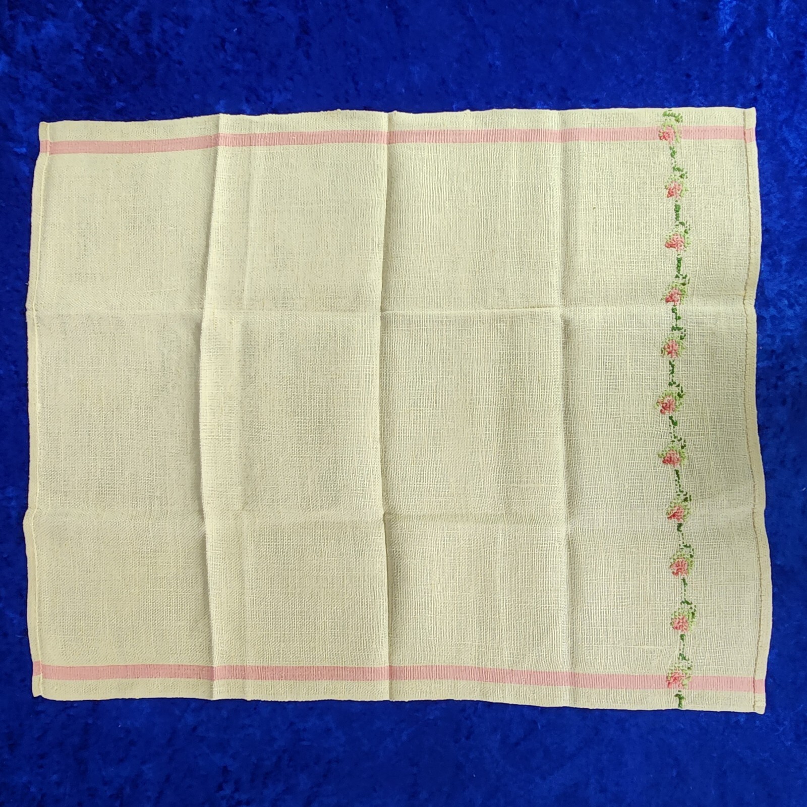 Vintage Linen Dresser Scarf 17x21 Hand Embroidered Flowers Ivory Pink