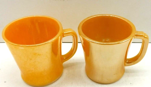2 Vintage Fire King Mugs Coffee Cups wth Peach Lustre D Handle Oven Ware
