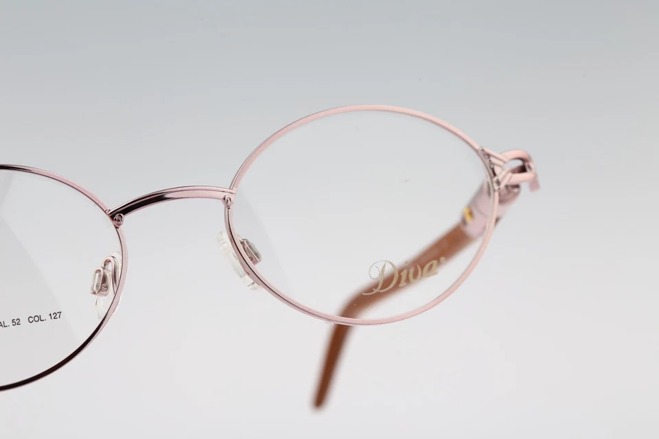 Diva 5095 127 Vintage 90s pink & genuine wood temples oval eyeglasses frames NOS - Image 4 of 4