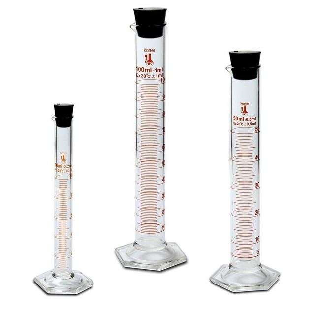3.3 Boro Glass Graduated Cylinders w/ Stoppers, 10,50,100ml. Karter