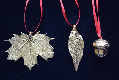 Set of 3 Gold Plated Maple, Elm, and Acorn Ornaments