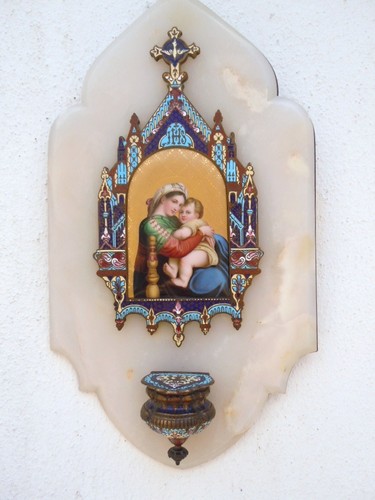 Benitier emaux cloisonne miniature Vierge Enfant Jesus Madone 19ème - Bild 10 von 12