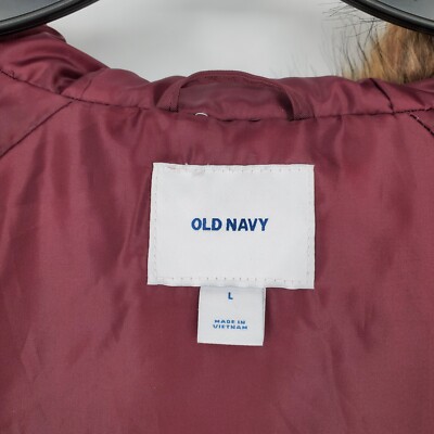 Old Navy Parka Jacket Womens Large Burgundy Fur Trim Hood Full Zip