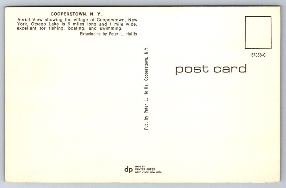 Cooperstown NY New York Postcard Otsego Lake Aerial View Overlooking