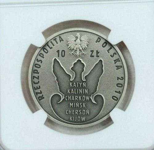 2010 POLAND SILVER 10 ZLOTYCH KATYN FOREST MASSACRE NGC MS 69 ANTIQUED BEAUTY - Picture 2 of 4