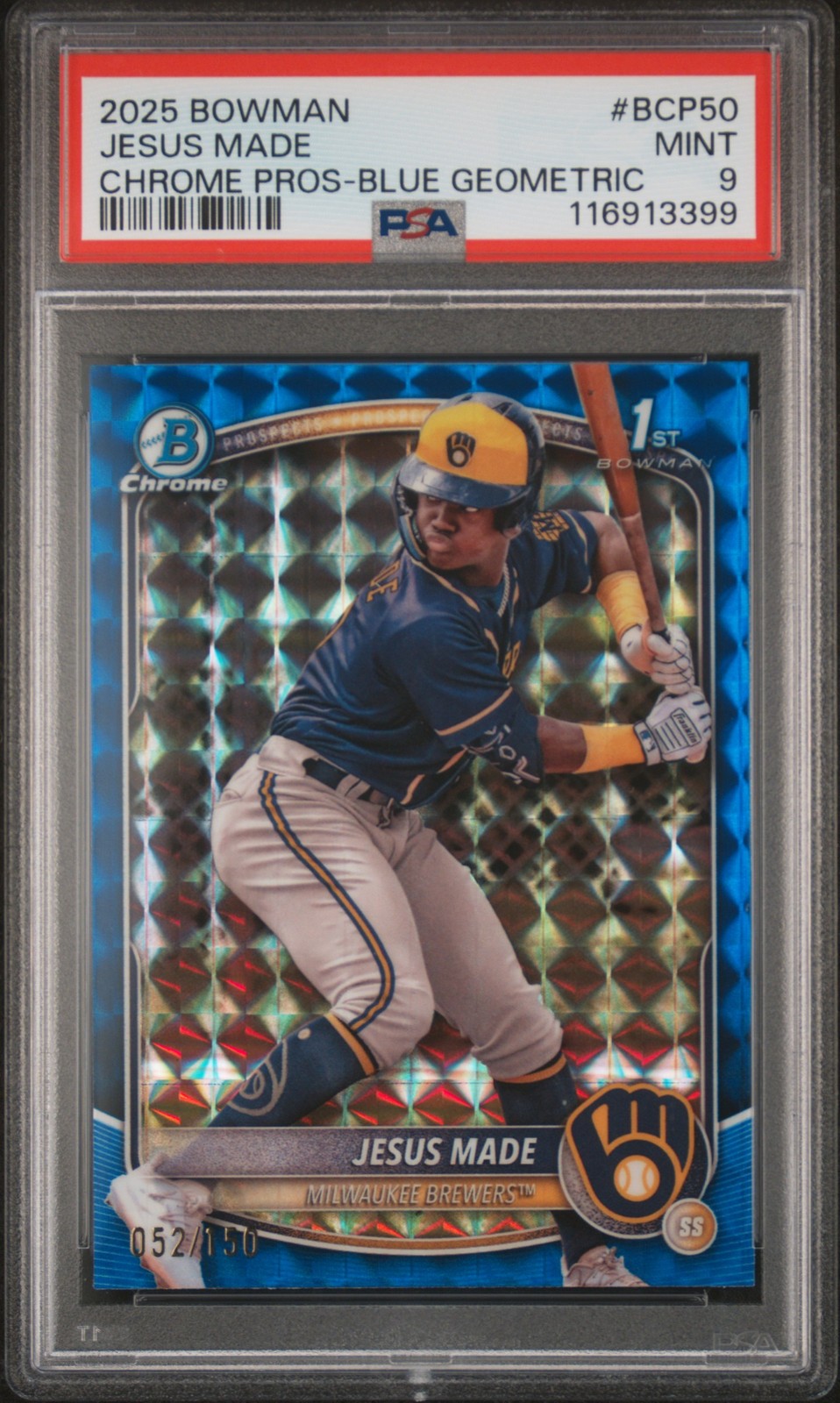 2025 BOWMAN CHROME PROSPECTS BLUE GEOMETRIC #BCP50 JESUS MADE 52/150 PSA 9