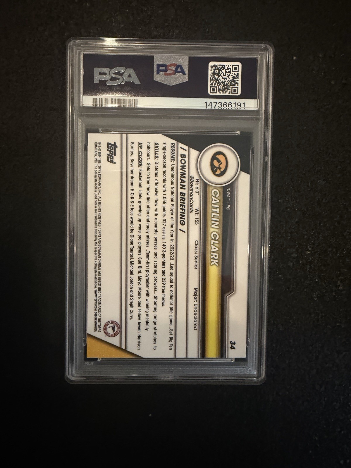 2023-24 Bowman University Chrome - #34 Caitlin Clark (RC) PSA 9 view 2