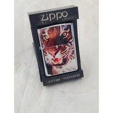 Zippo Tiger Face Graphic Windproof Lighter Polished Chrome with Case USA Made
