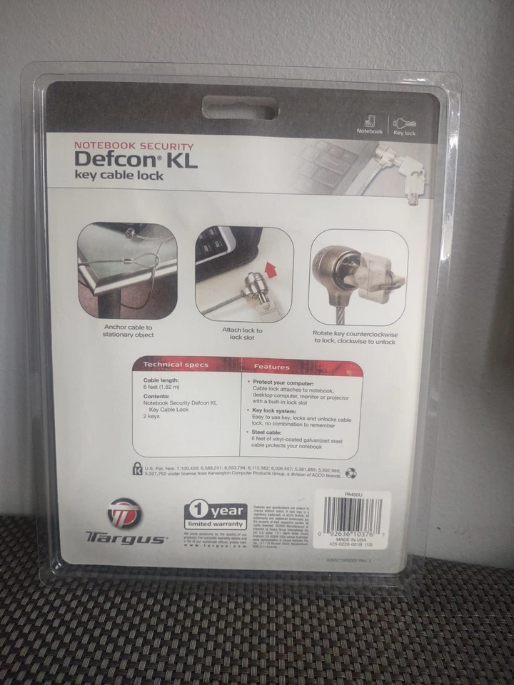 Targus Defcon KL Key Cable Lock PA450U Notebook Security 6 Feet / 1.82m/ 2 Keys. - Image 2 of 3