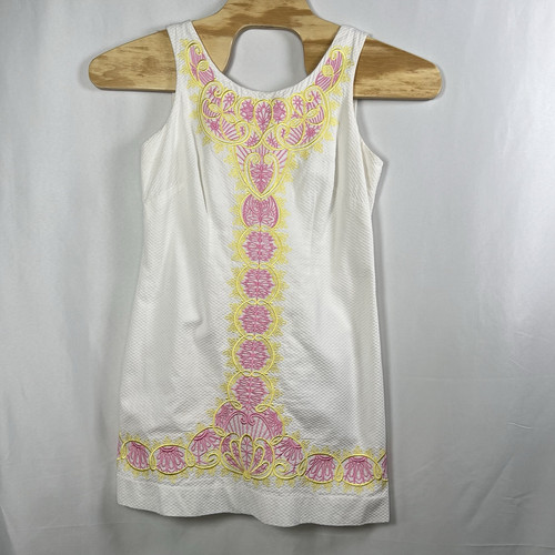 Lilly Pulitzer Shift Dress Womens 10 White Pink Embroidery Sleeveless V Neck - Picture 1 of 6