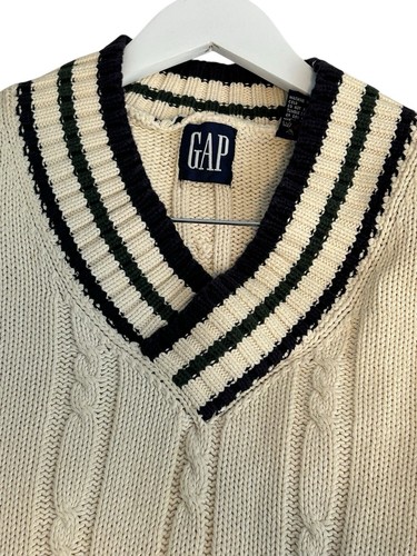 Vintage GAP Sweater Adult XL Cream Ivory Cable Knit Wool Tennis Preppy V-Neck - Picture 10 of 14