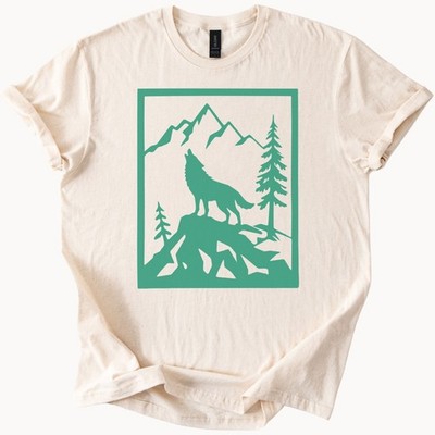 Howling Wolf Graphic Shirt Mountain Scene Nature Art Tee Hiking Outdoors
