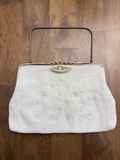White Beaded Evening Bag Clutch, Gold Tone Metal Frame Handle, Floral Clasp