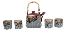 Maroon Grey Tombo Dragonfly With Flowers Hexagonal Teapot With 4 Tea Cups Set