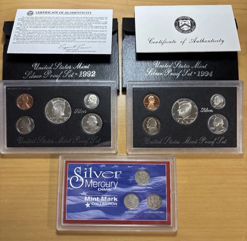 $2 FV 90% silver_2 silver proof sets (1992, 1994) + Mercury dime set_BELOW SPOT