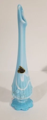 Fenton Art glass blue white slag cabbage rose bud vase original vintage label