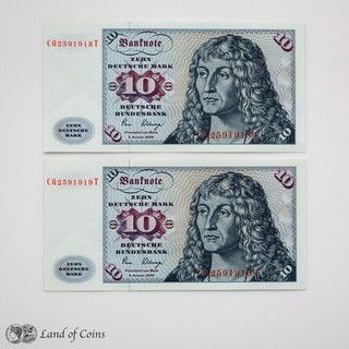 GERMANY: 2 x 10 German Mark Banknotes with Consecutive Serial Numbers.